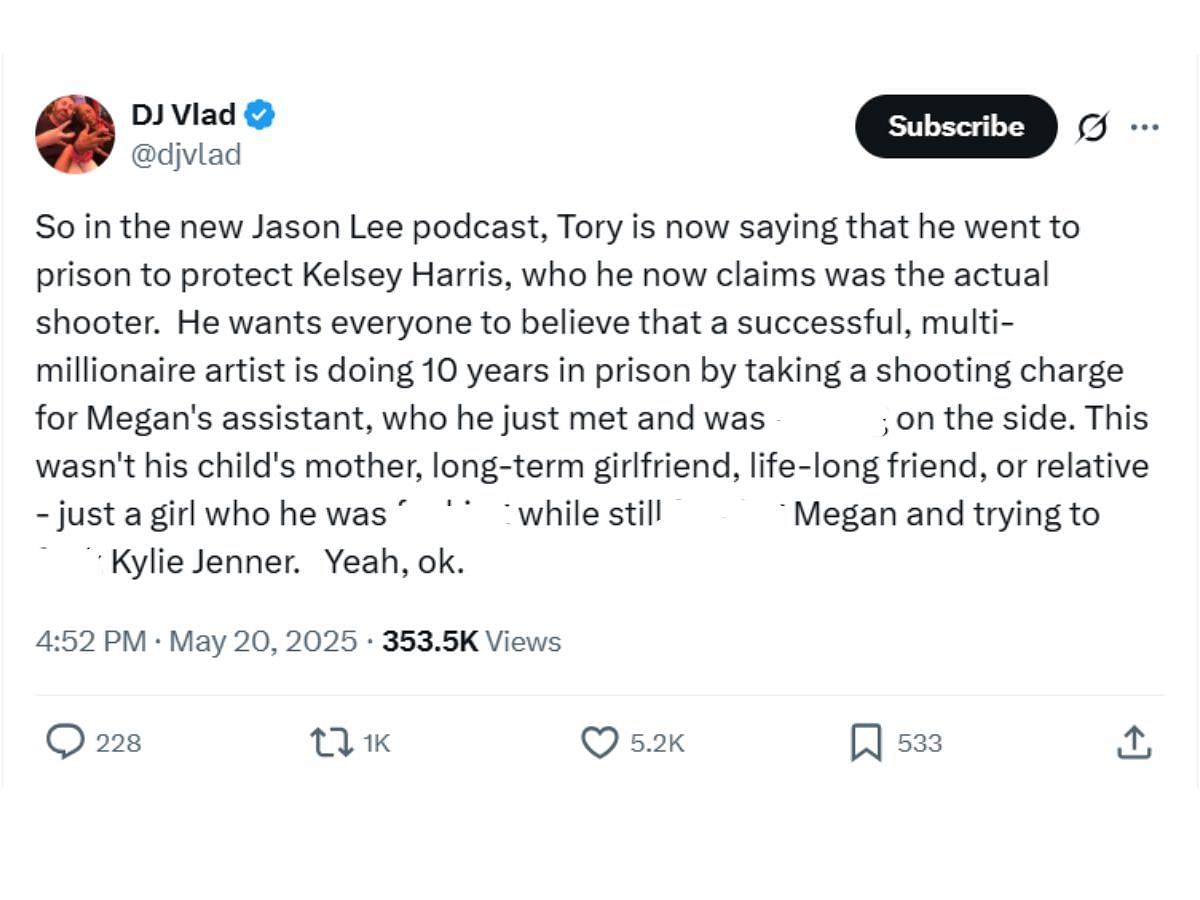 DJ Vlad's tweet about Lanez taking the fall for Kelsey Harris (Image via X/ @djvlad)